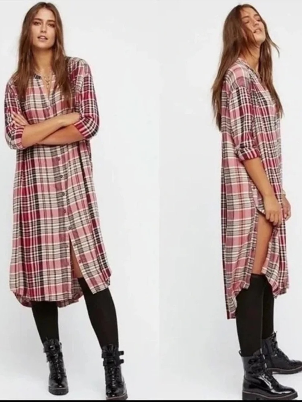 Free People Loralei Pink Plaid Shirt Dress S Small Fall Boho Western Gorpcore
